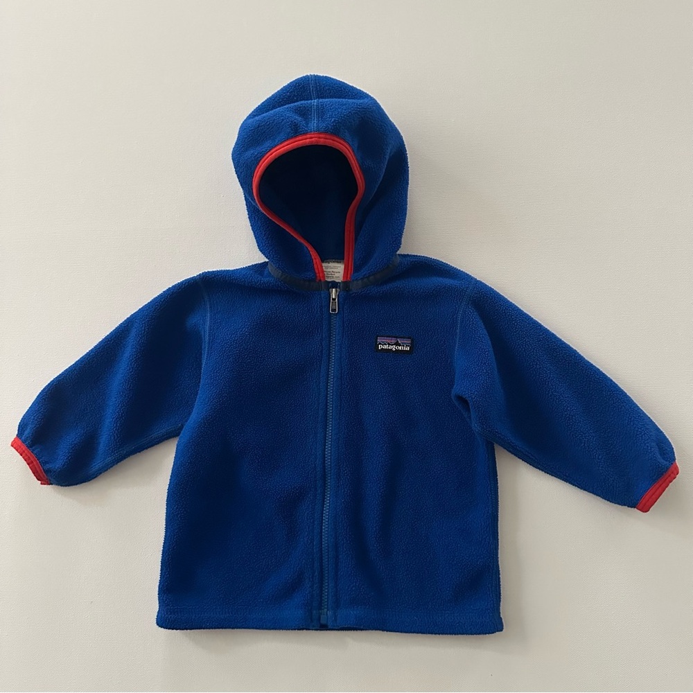 Patagonia 12 Months Baby Boy Fleece Blue Hooded Zip Jacket with Red Trim